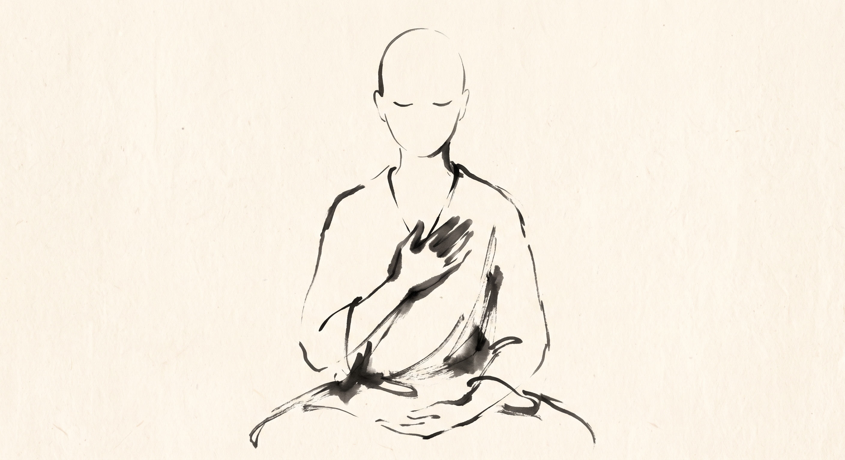 An ink-wash illustration of a seated figure, eyes closed, one hand resting on their chest.